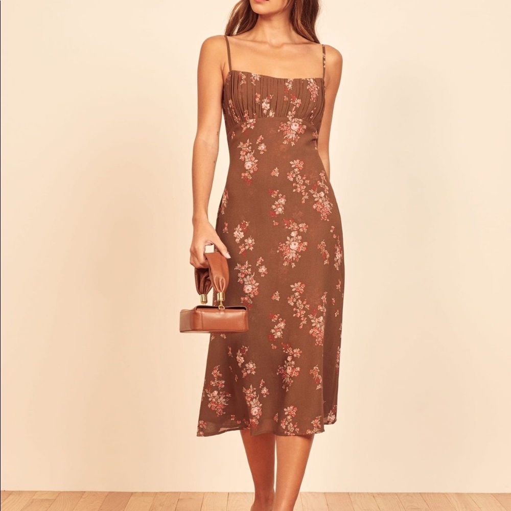 Reformation Brown Floral Midi Dress with Pink Accents